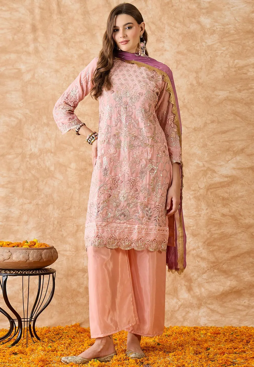 Peach Georgette Palazzo Suit 301599