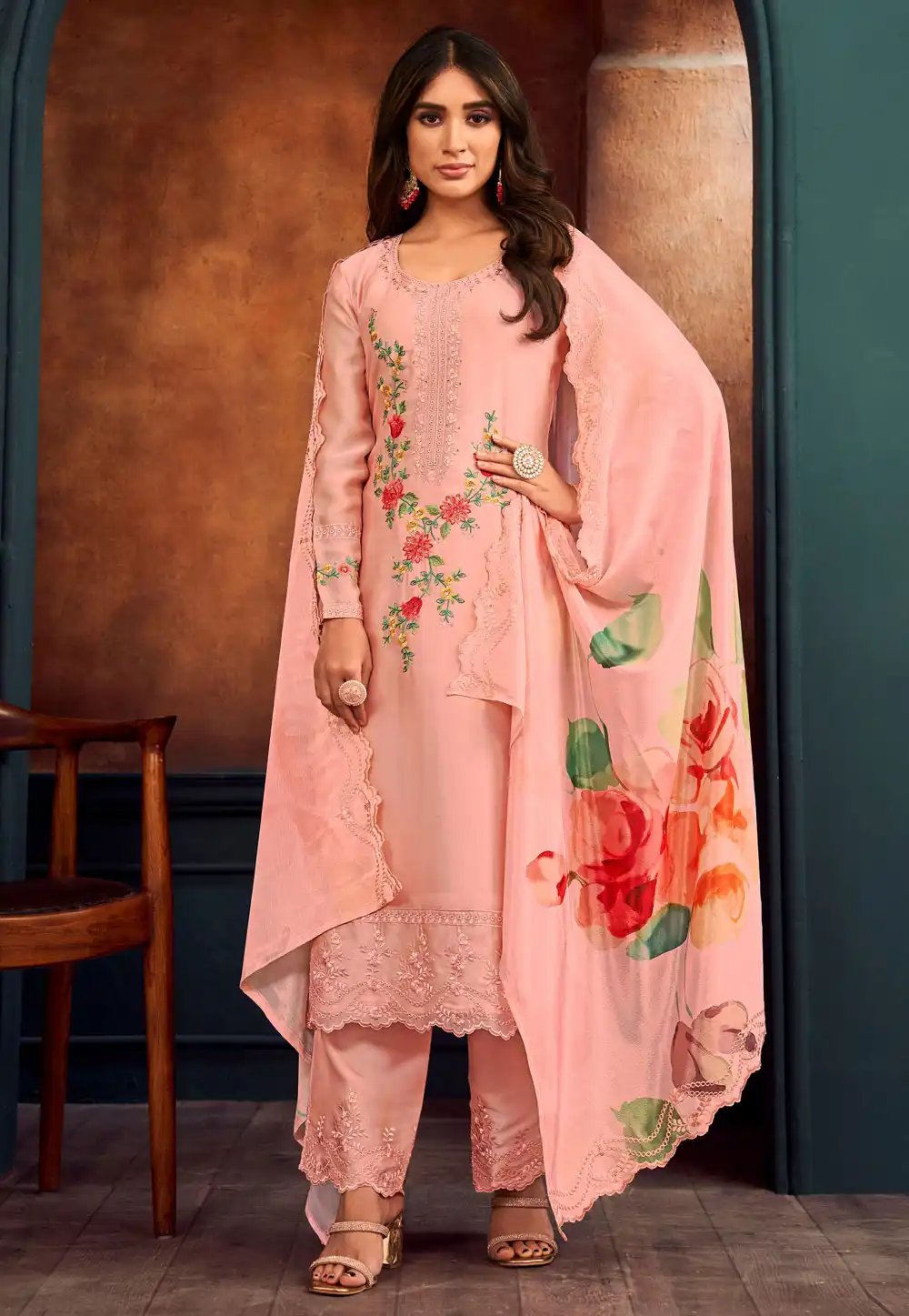 Peach Georgette Pant Style Suit 292475