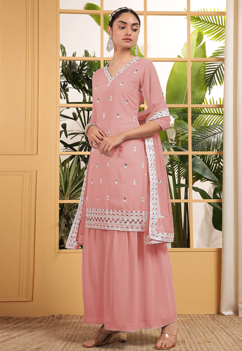 Peach Georgette Readymade Gharara Suit 305704