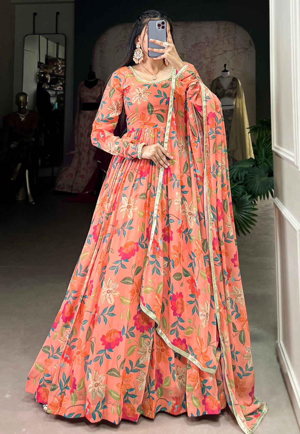 Peach Georgette Readymade Long Anarkali Suit 305741