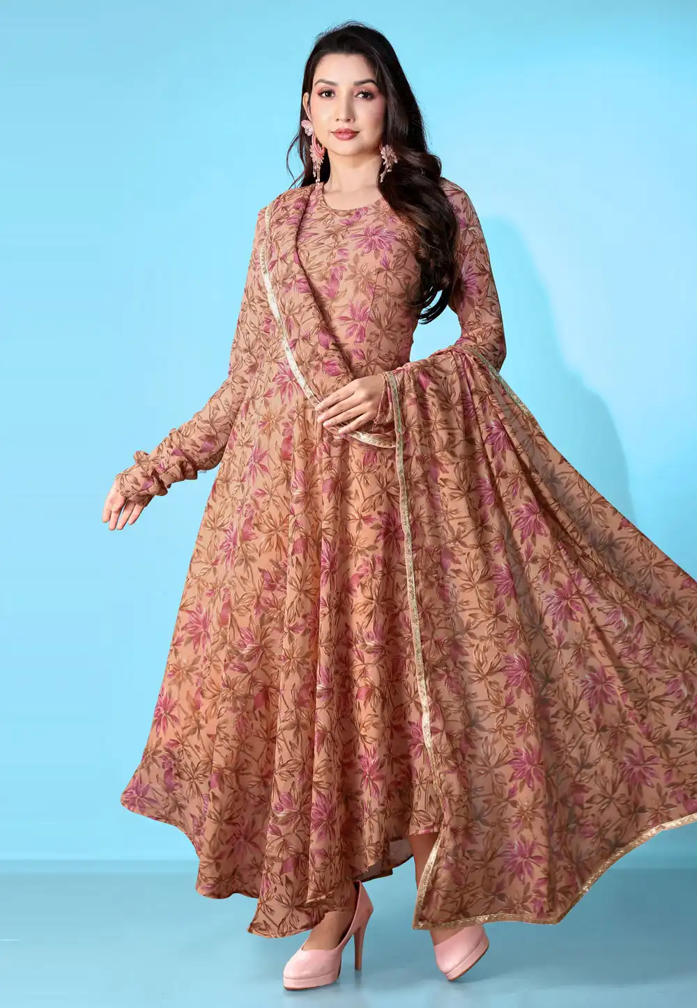 Peach Georgette Readymade Long Anarkali Suit 294673