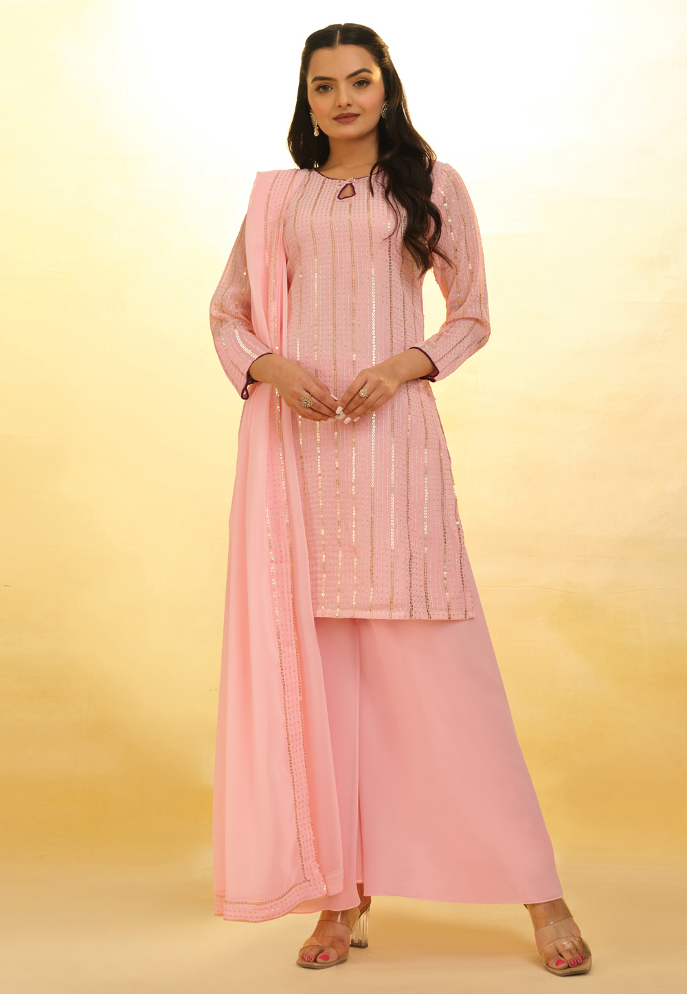 Peach Georgette Readymade Palazzo Suit 287460