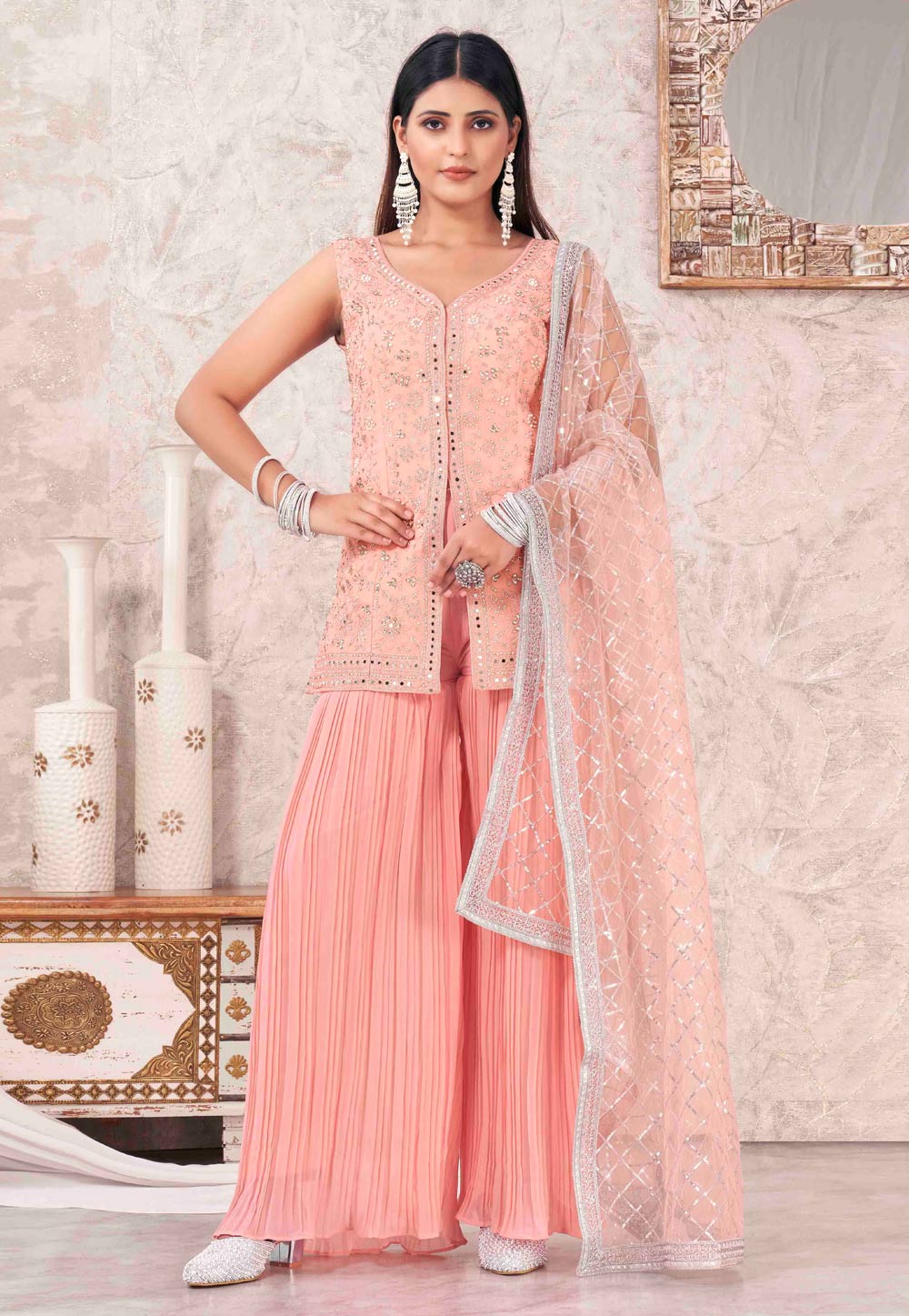 Peach Georgette Readymade Sharara Suit 286517