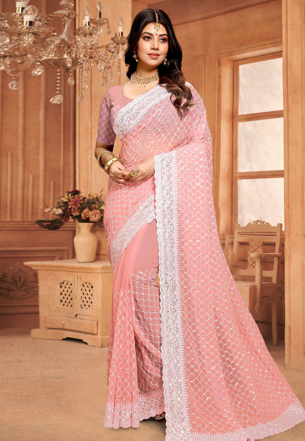 Peach Georgette Saree With Blouse 286491