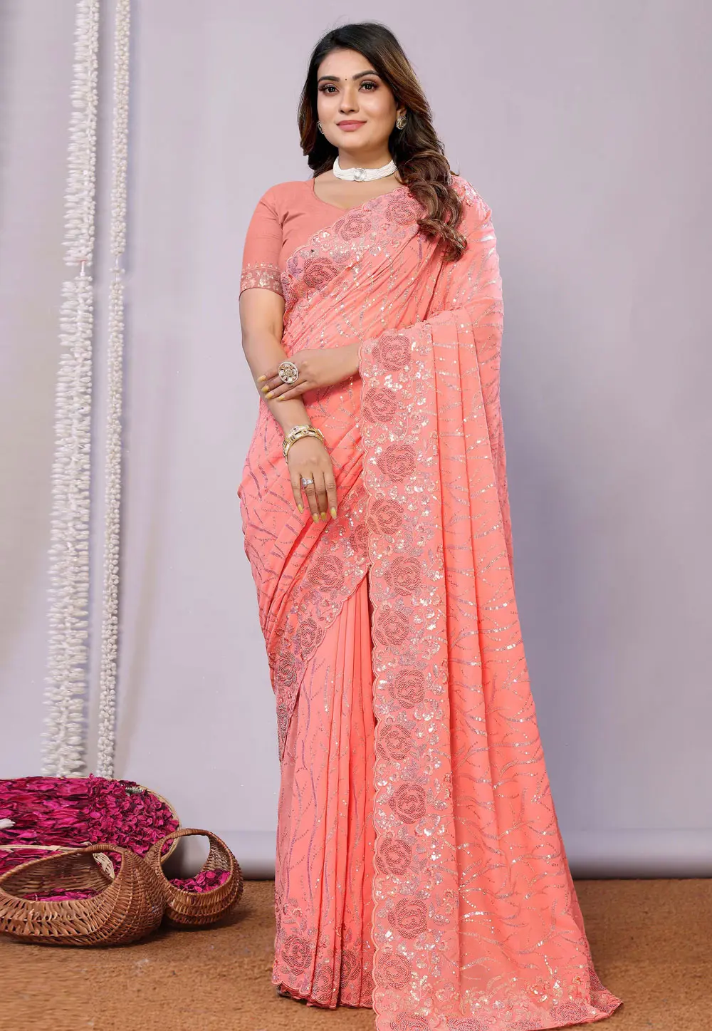 Peach Georgette Saree With Blouse 300582