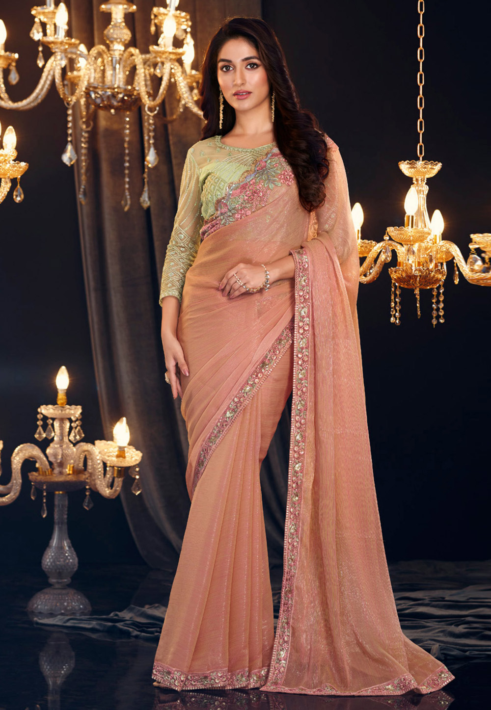 Peach Georgette Shimmer Saree With Blouse 286513