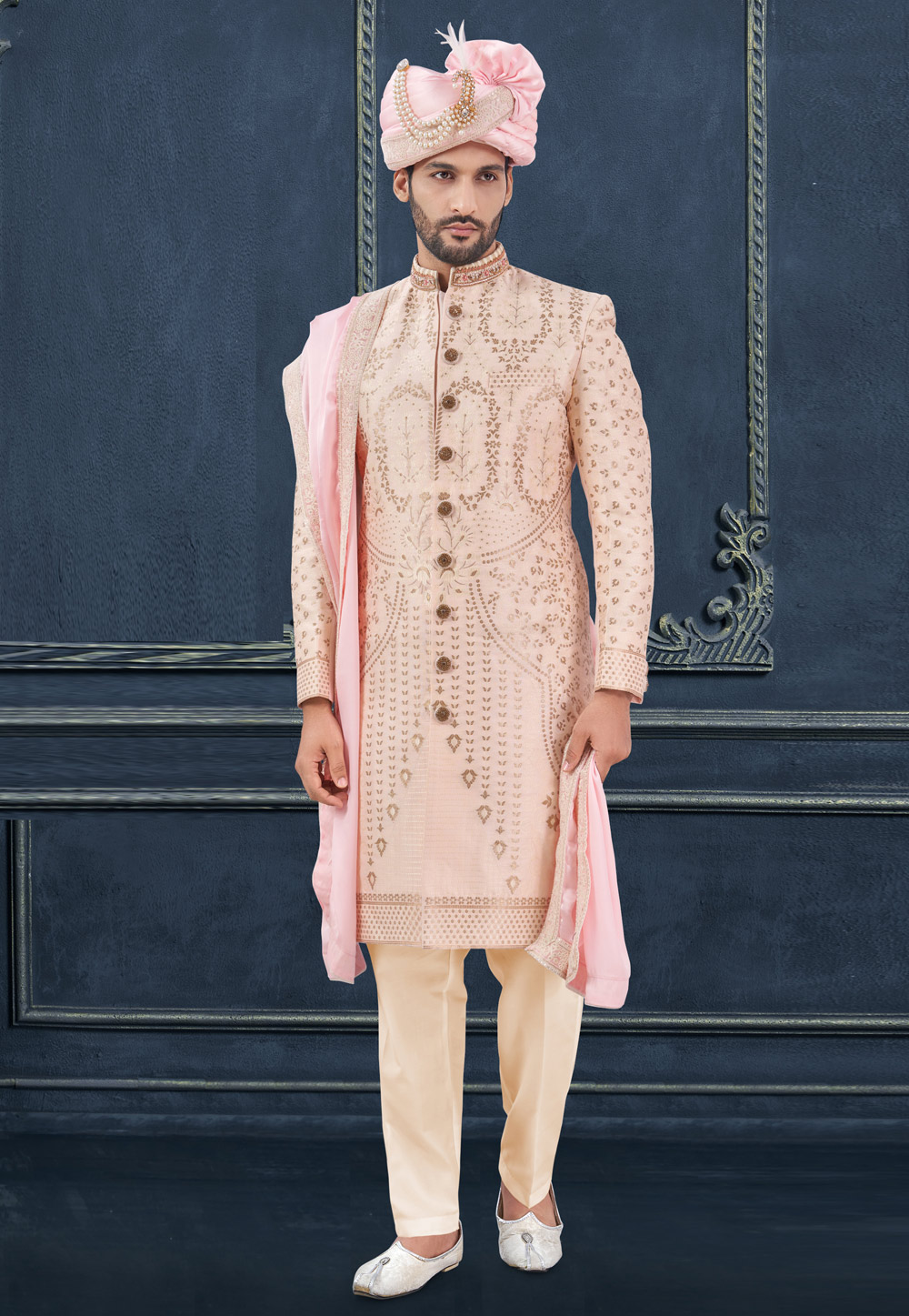 Peach Jacquard Achkan Style Sherwani 305201