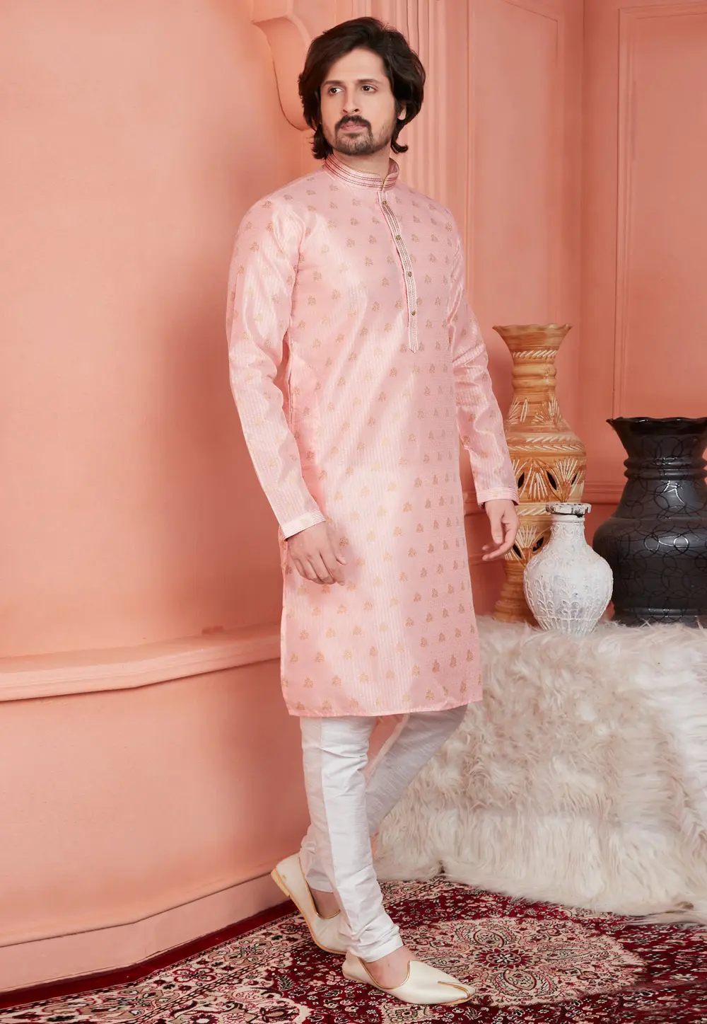 Peach Jacquard Banarasi Kurta Pajama 304304