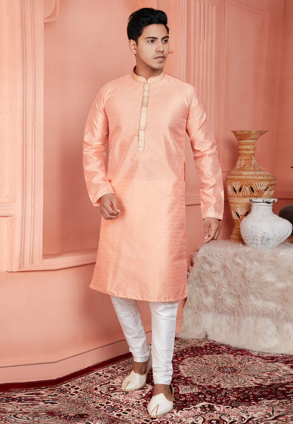 Peach Jacquard Banarasi Kurta Pajama 304309