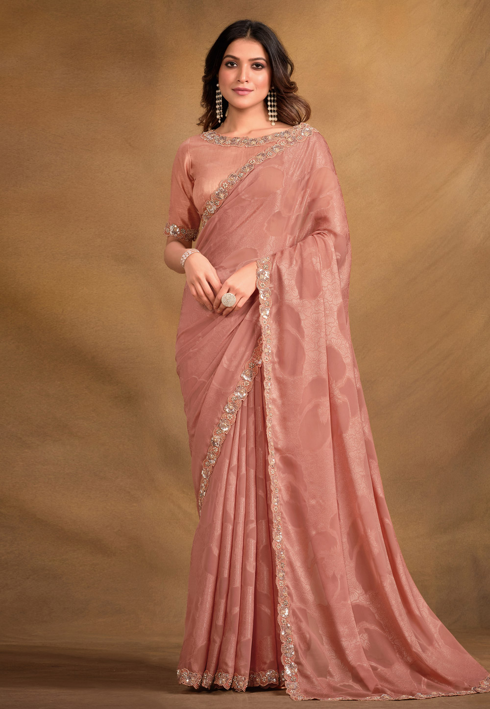 Peach Jacquard Georgette Saree With Blouse 287047