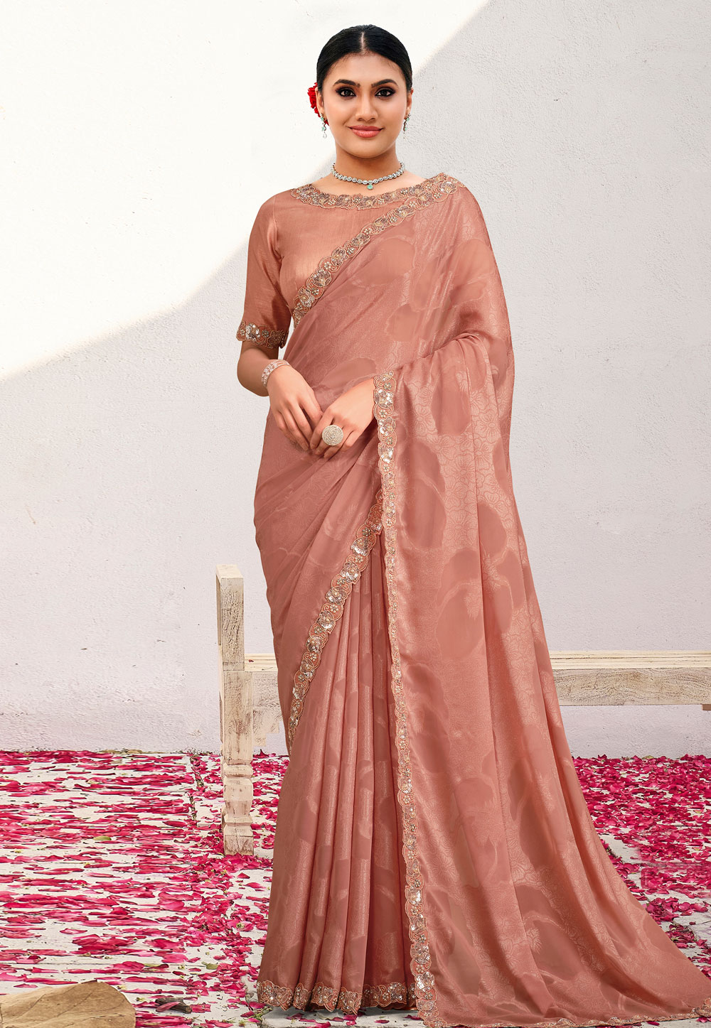 Peach Jacquard Georgette Saree With Blouse 309436