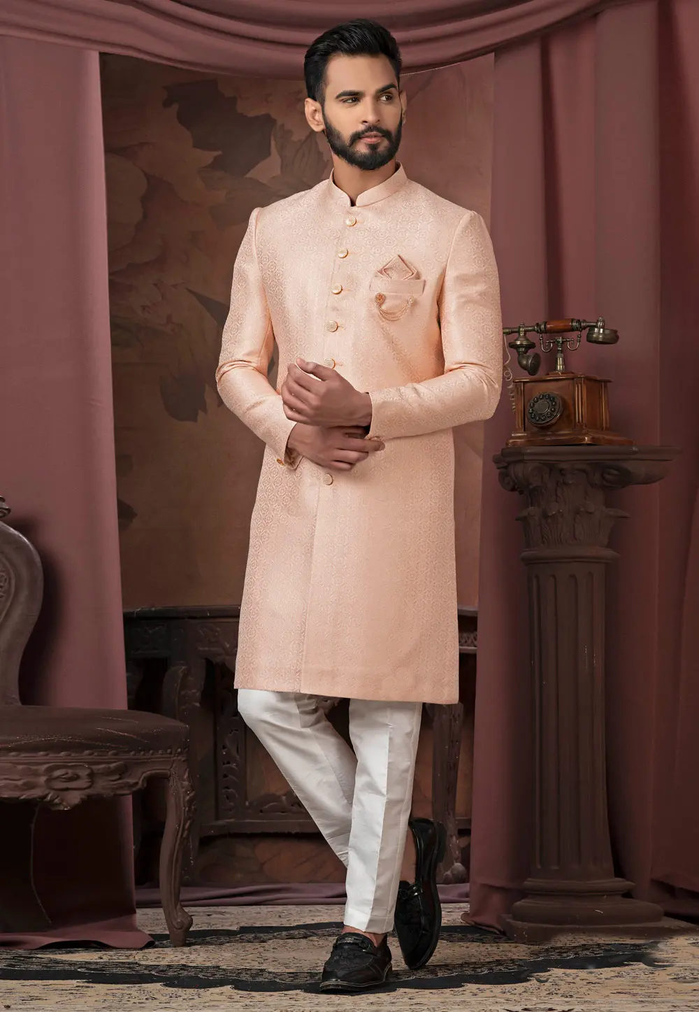 Peach Jacquard Indo Western Sherwani 302459