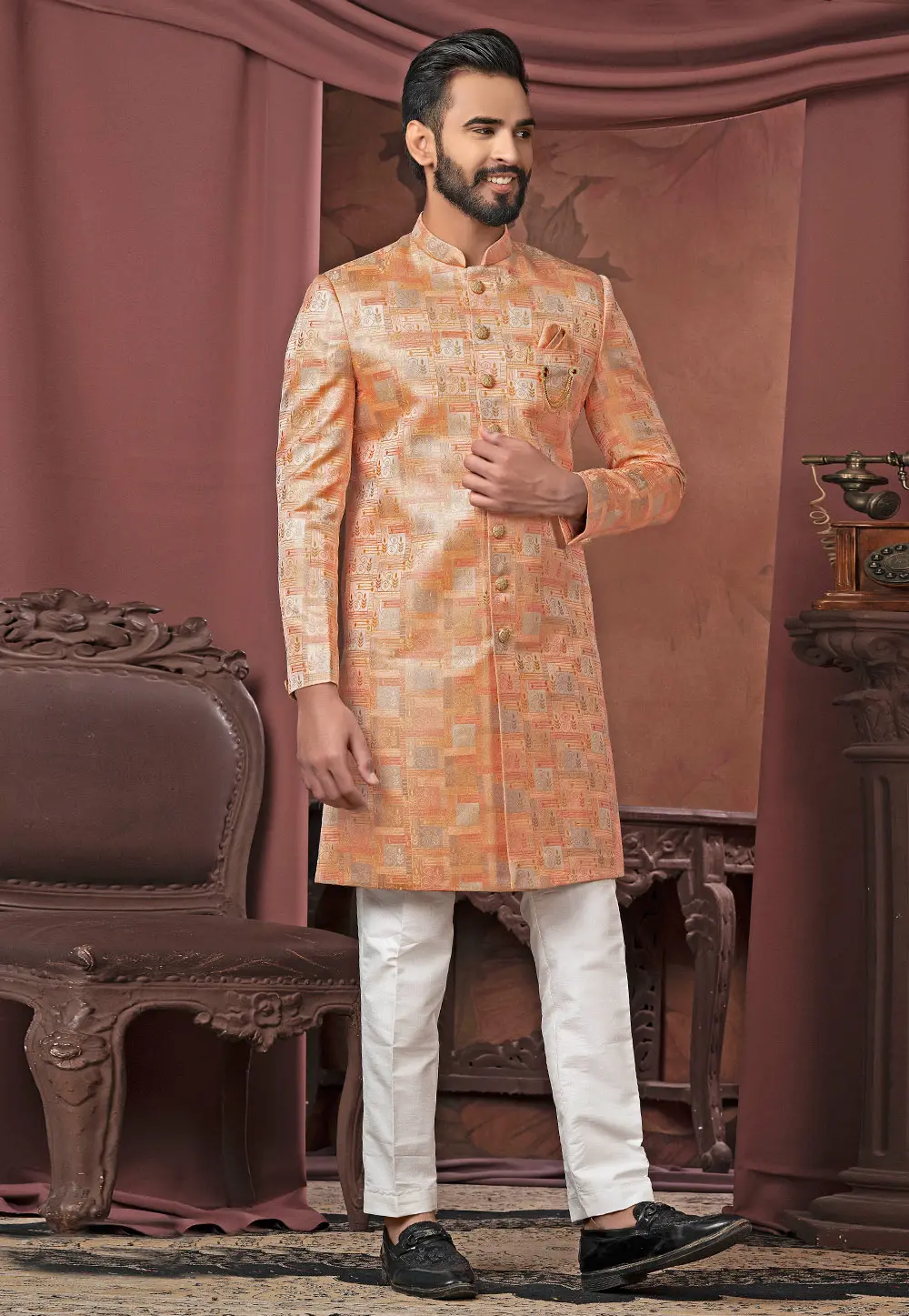 Peach Jacquard Indo Western Sherwani 302466