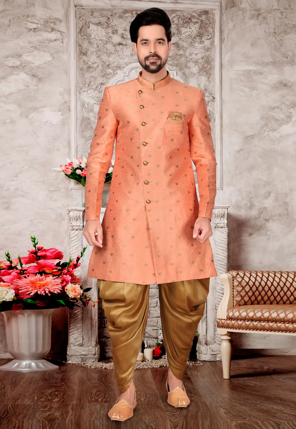 Peach Jacquard Indo Western Suit 302952