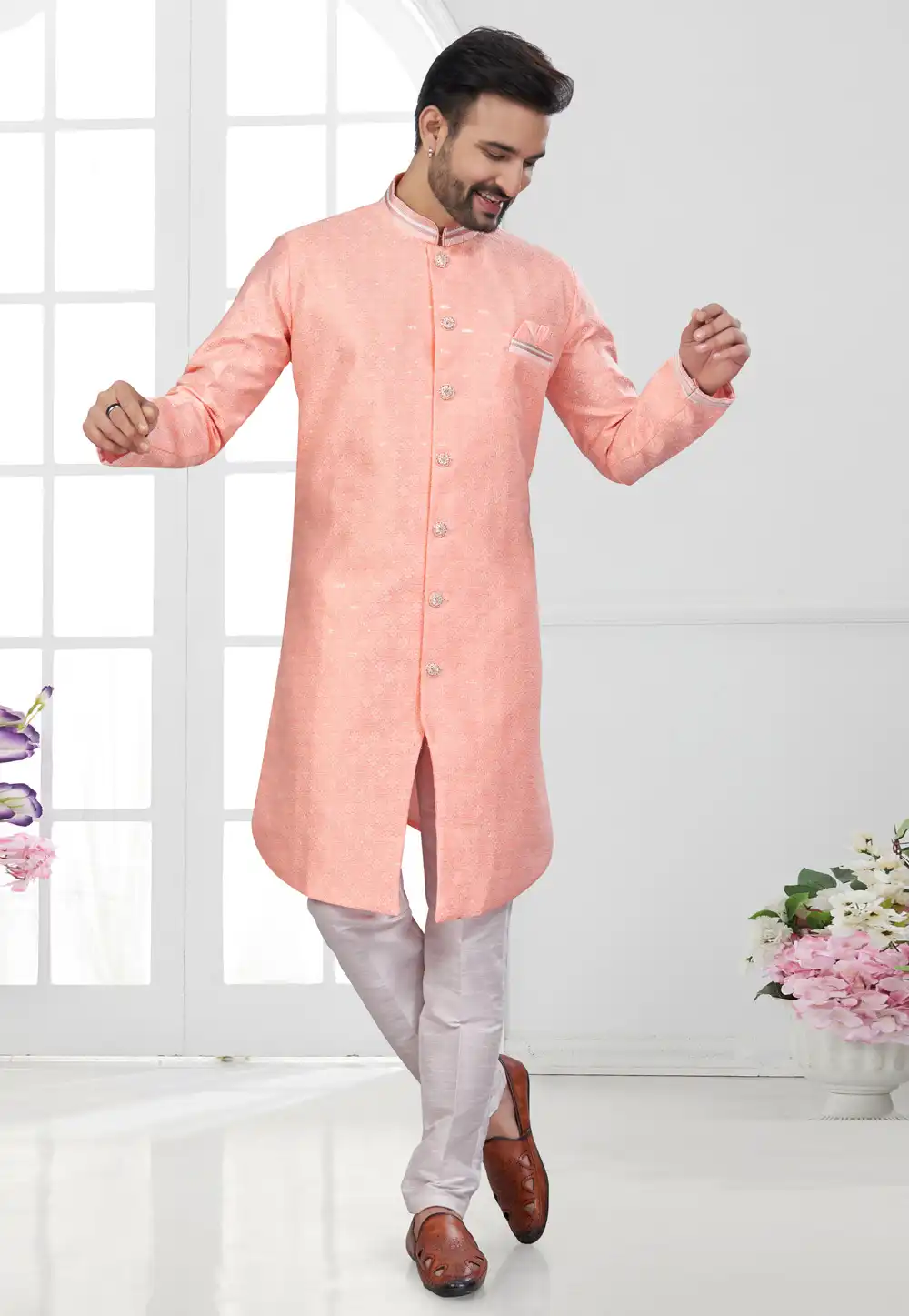 Peach Jacquard Indo Western Suit 294536