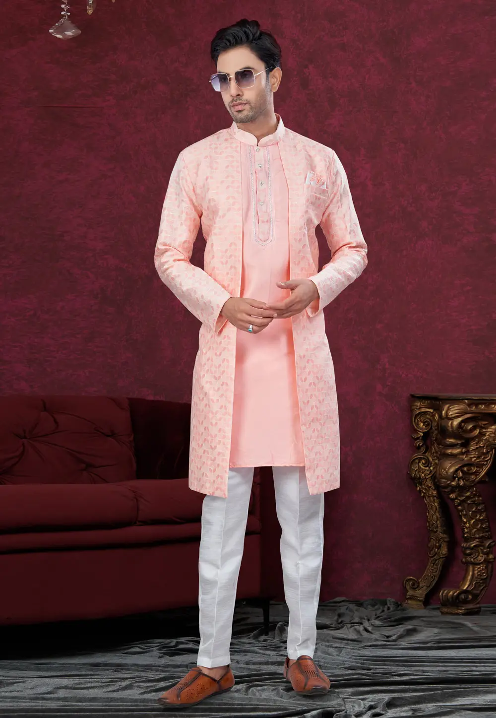 Peach Jacquard Indo Western Suit 295605