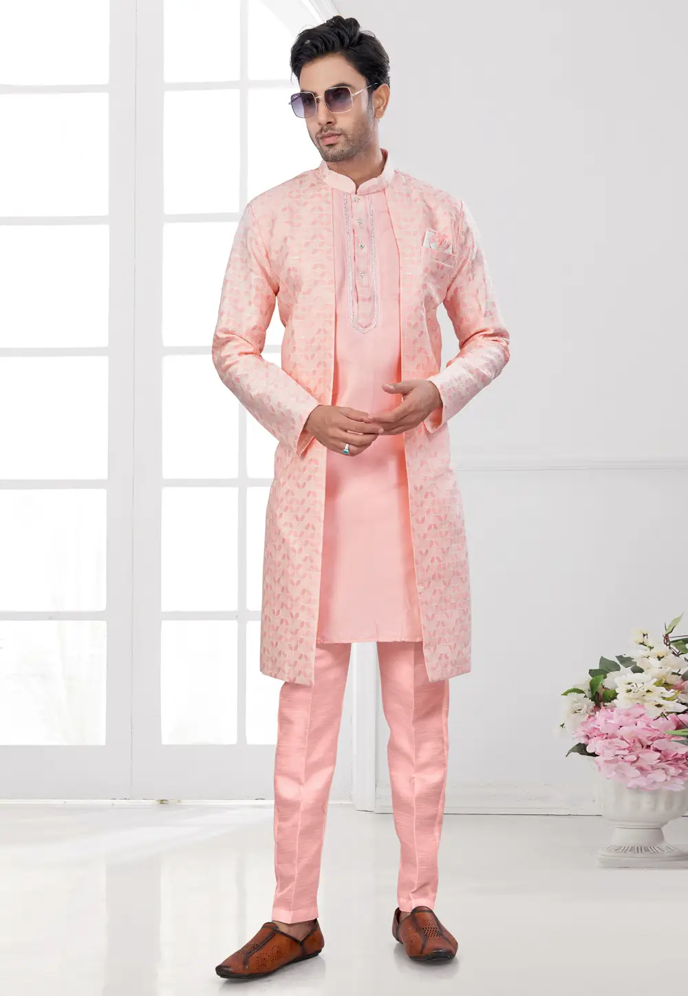 Peach Jacquard Indo Western Suit 295646