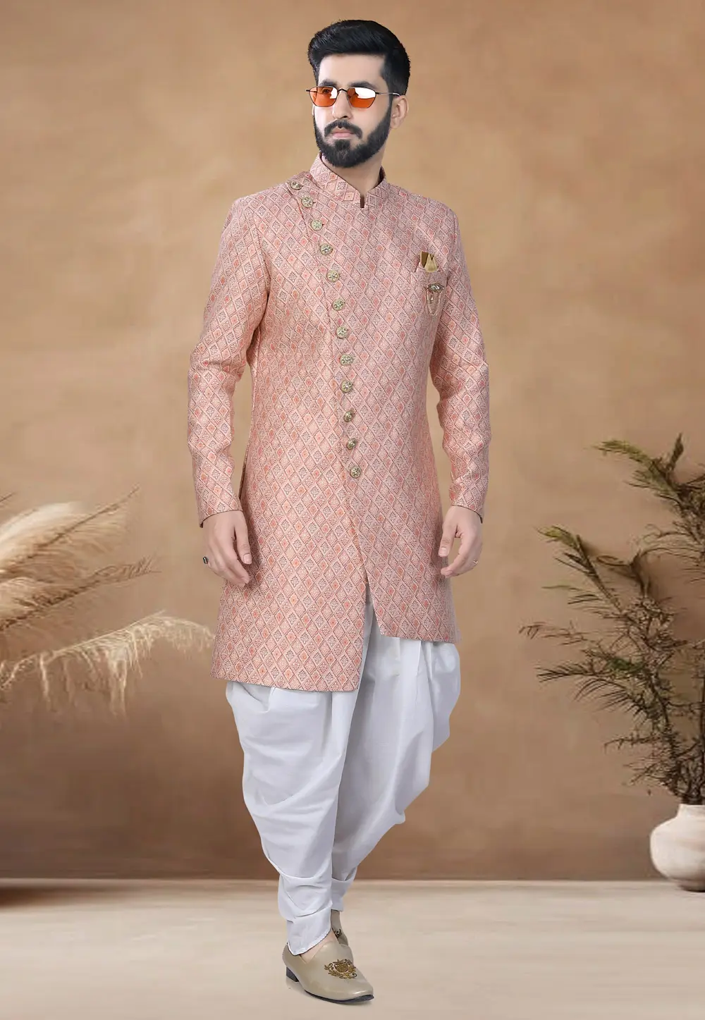 Peach Jacquard Indo Western Suit 298576