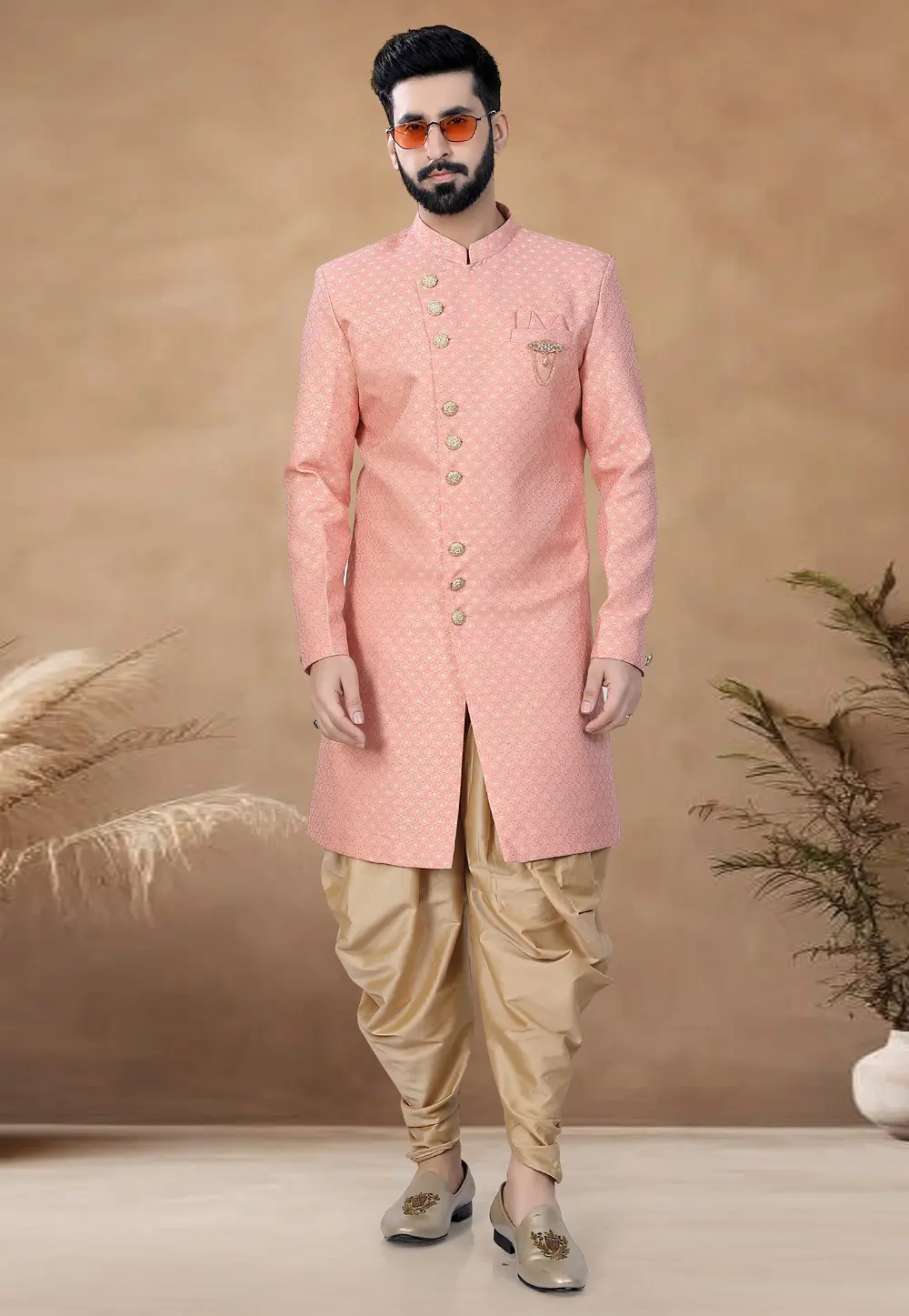 Peach Jacquard Indo Western Suit 298593