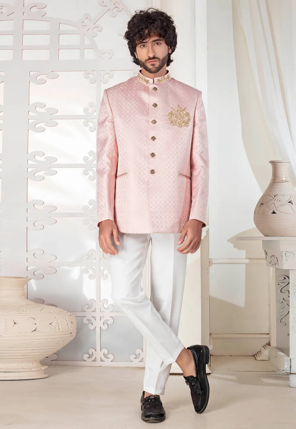 Peach Jacquard Jodhpuri Suit 302148