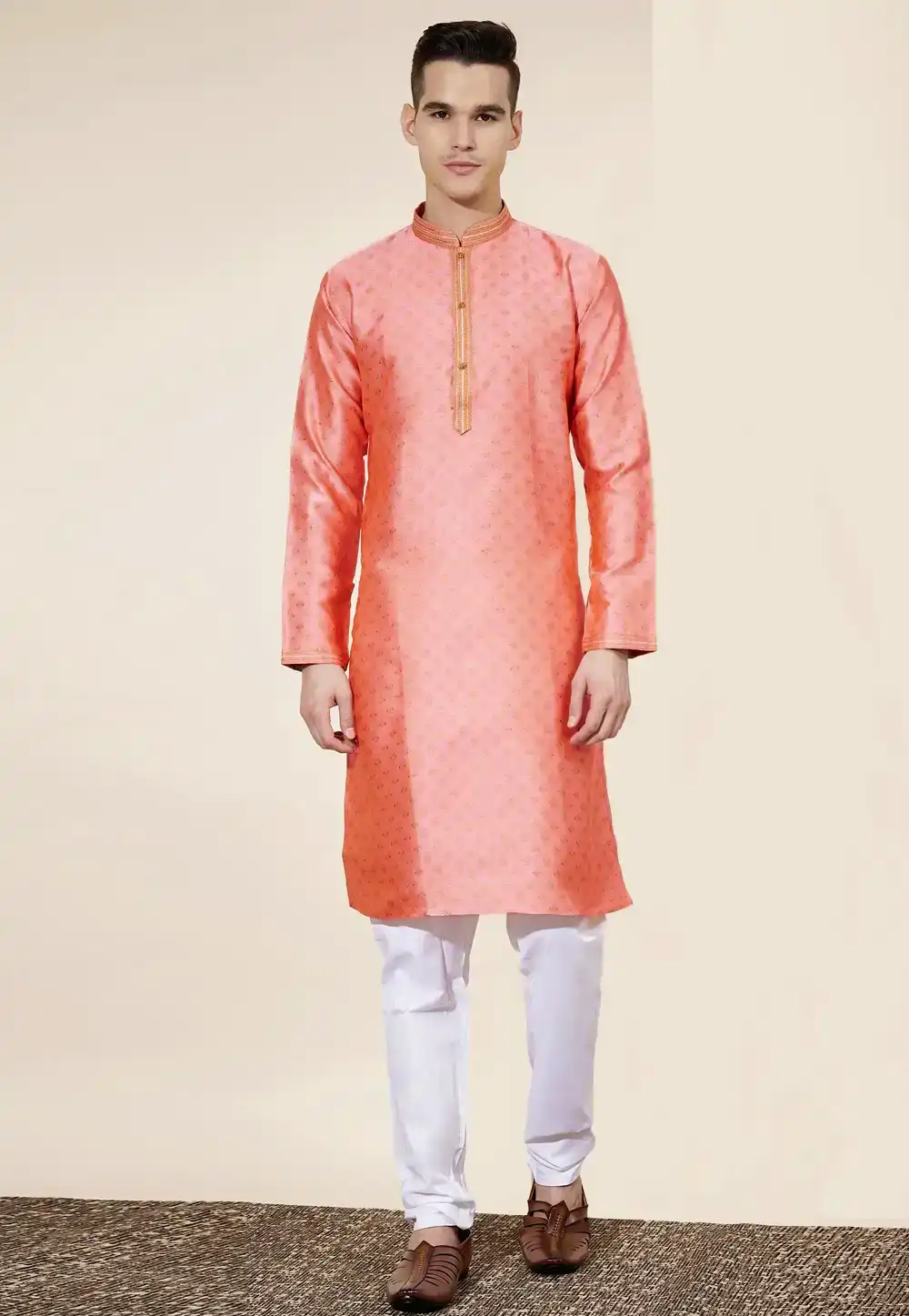 Peach Jacquard Kurta Pajama 287874