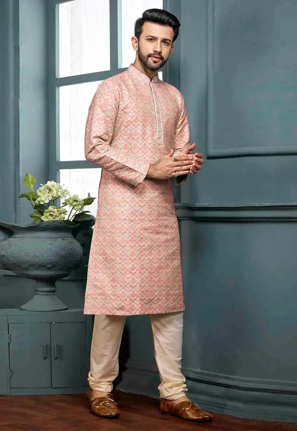 Peach Jacquard Kurta Pajama 288822