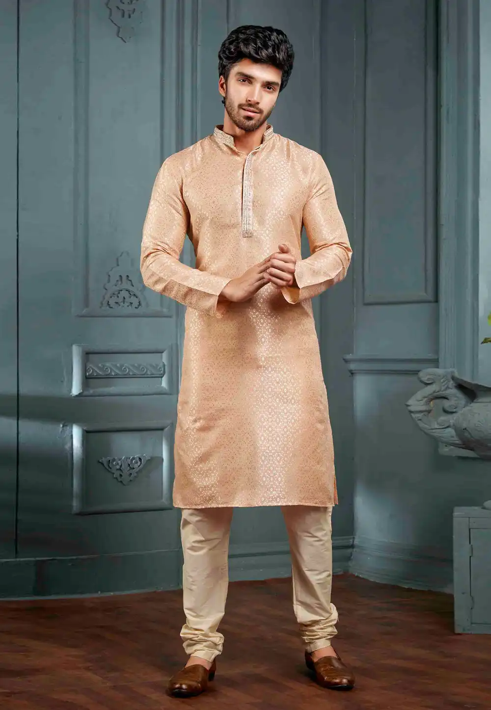 Peach Jacquard Kurta Pajama 288825