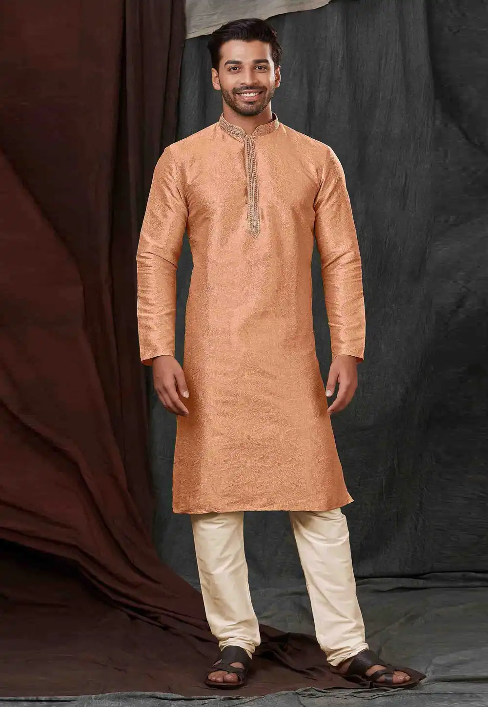 Peach Jacquard Kurta Pajama 288829