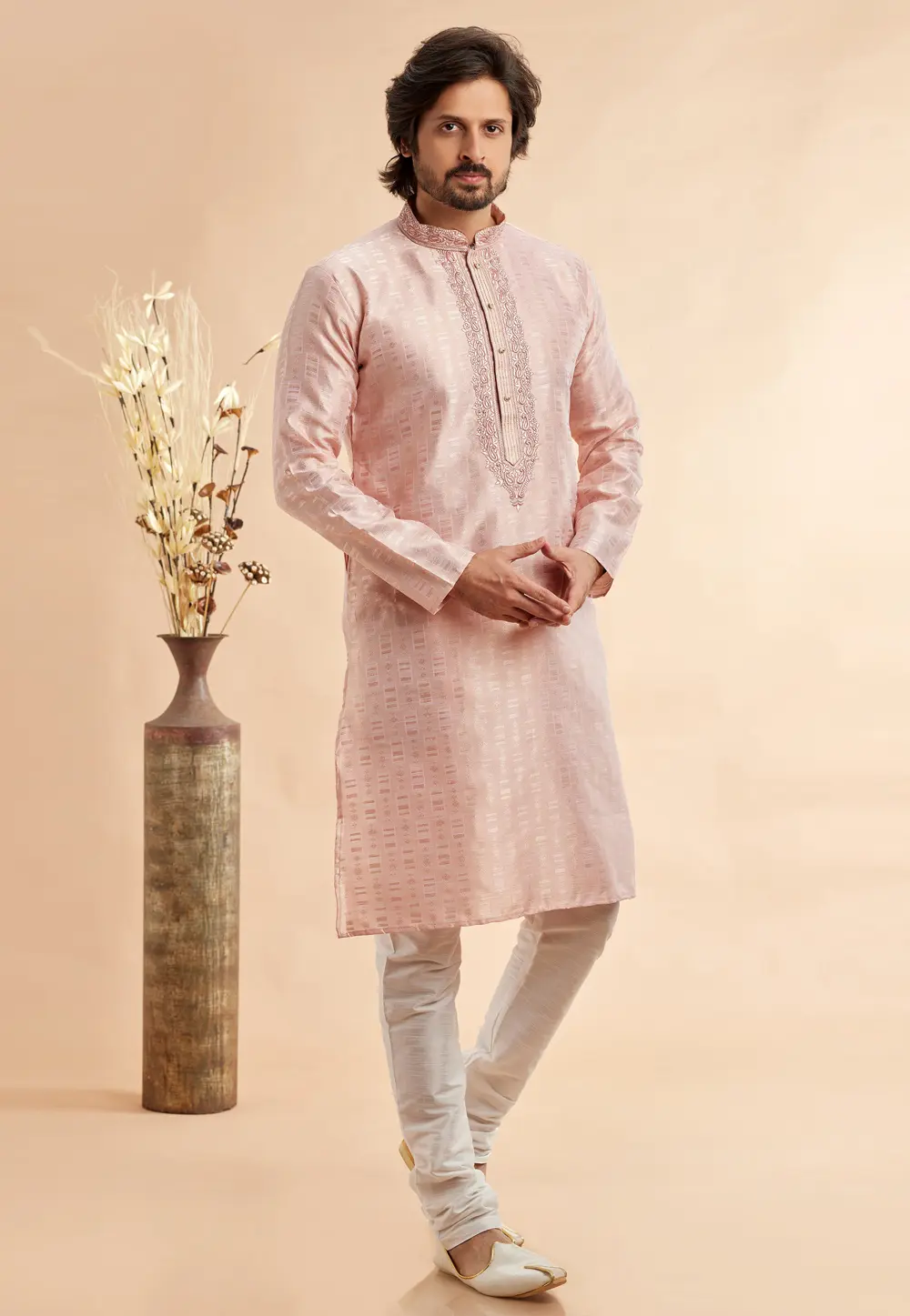 Peach Jacquard Kurta Pajama 297486