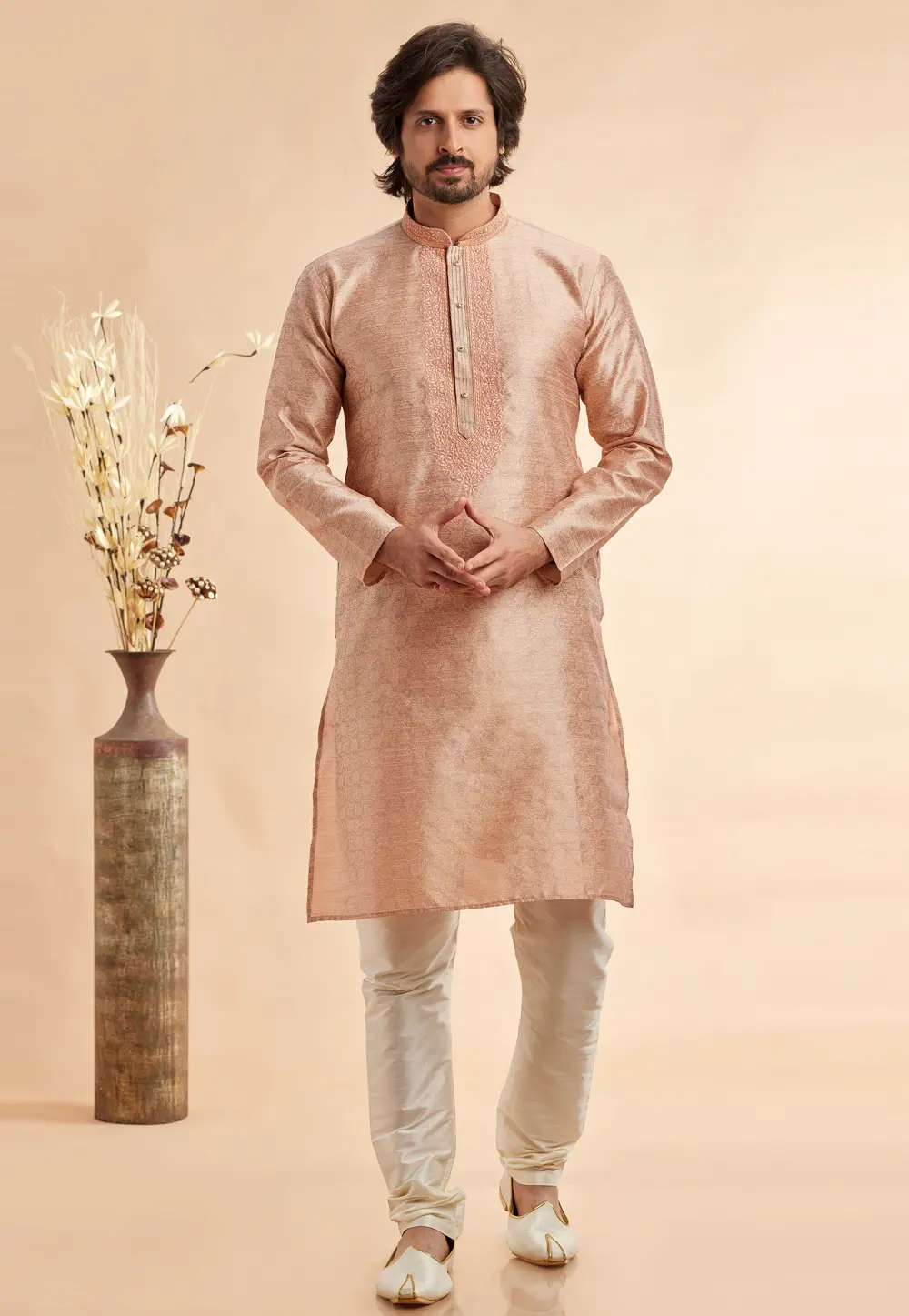 Peach Jacquard Kurta Pajama 297489