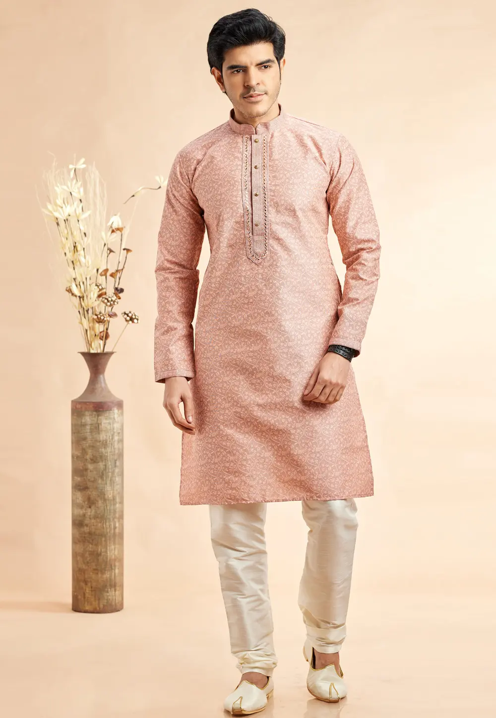 Peach Jacquard Kurta Pajama 297494