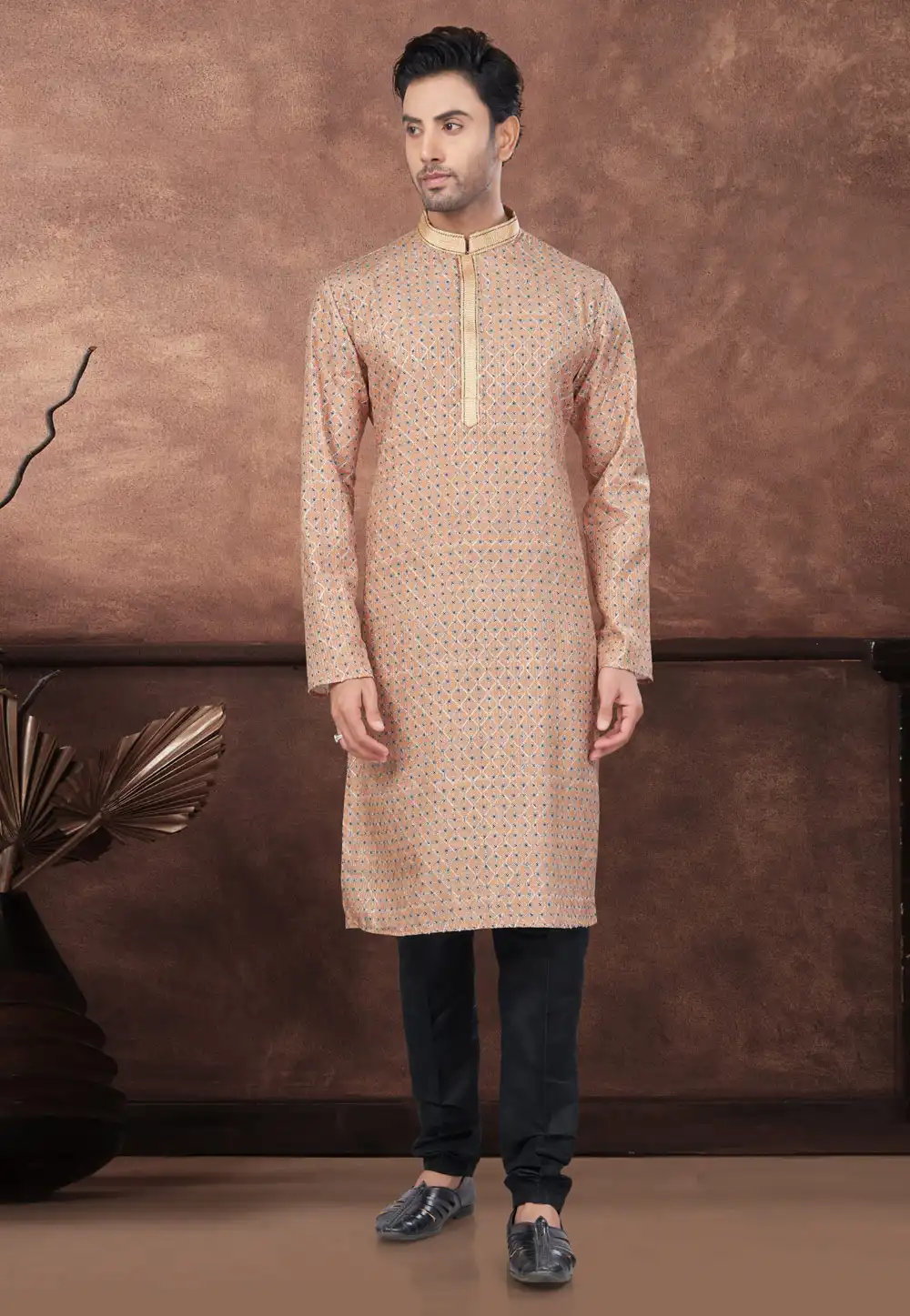 Peach Jacquard Kurta Pajama 294610