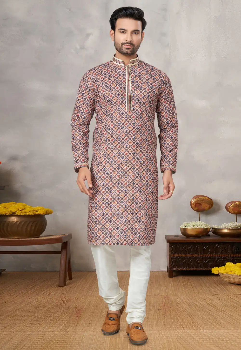 Peach Jacquard Kurta Pajama 293896