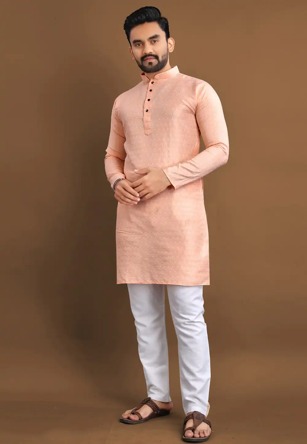 Peach Jacquard Kurta Pajama 293822