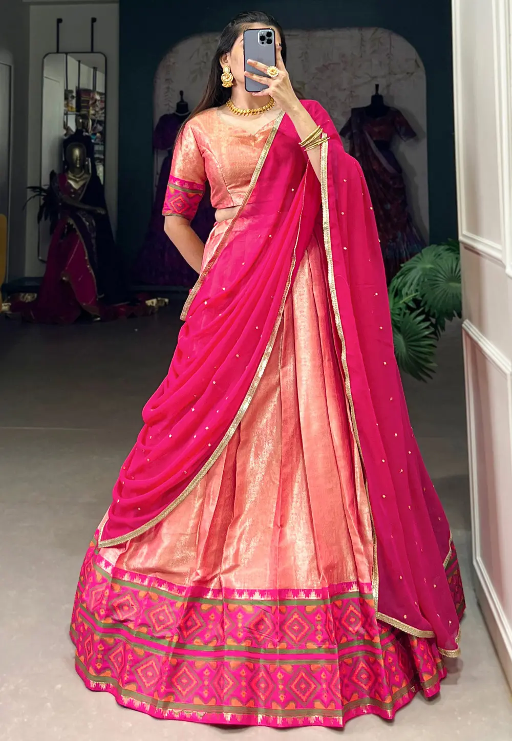 Peach Jacquard Silk Circular Lehenga Choli 299523