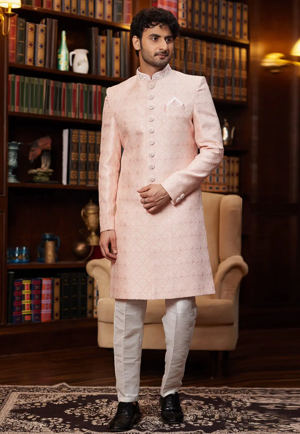 Peach Jacquard Silk Indo Western Sherwani 302225