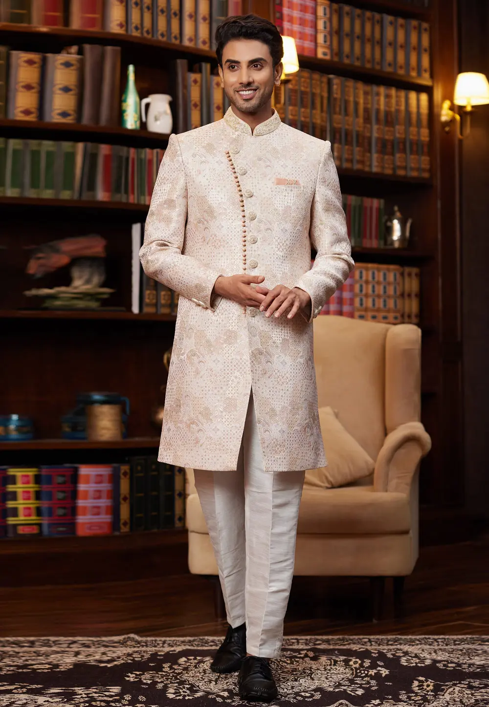 Peach Jacquard Silk Indo Western Sherwani 302227