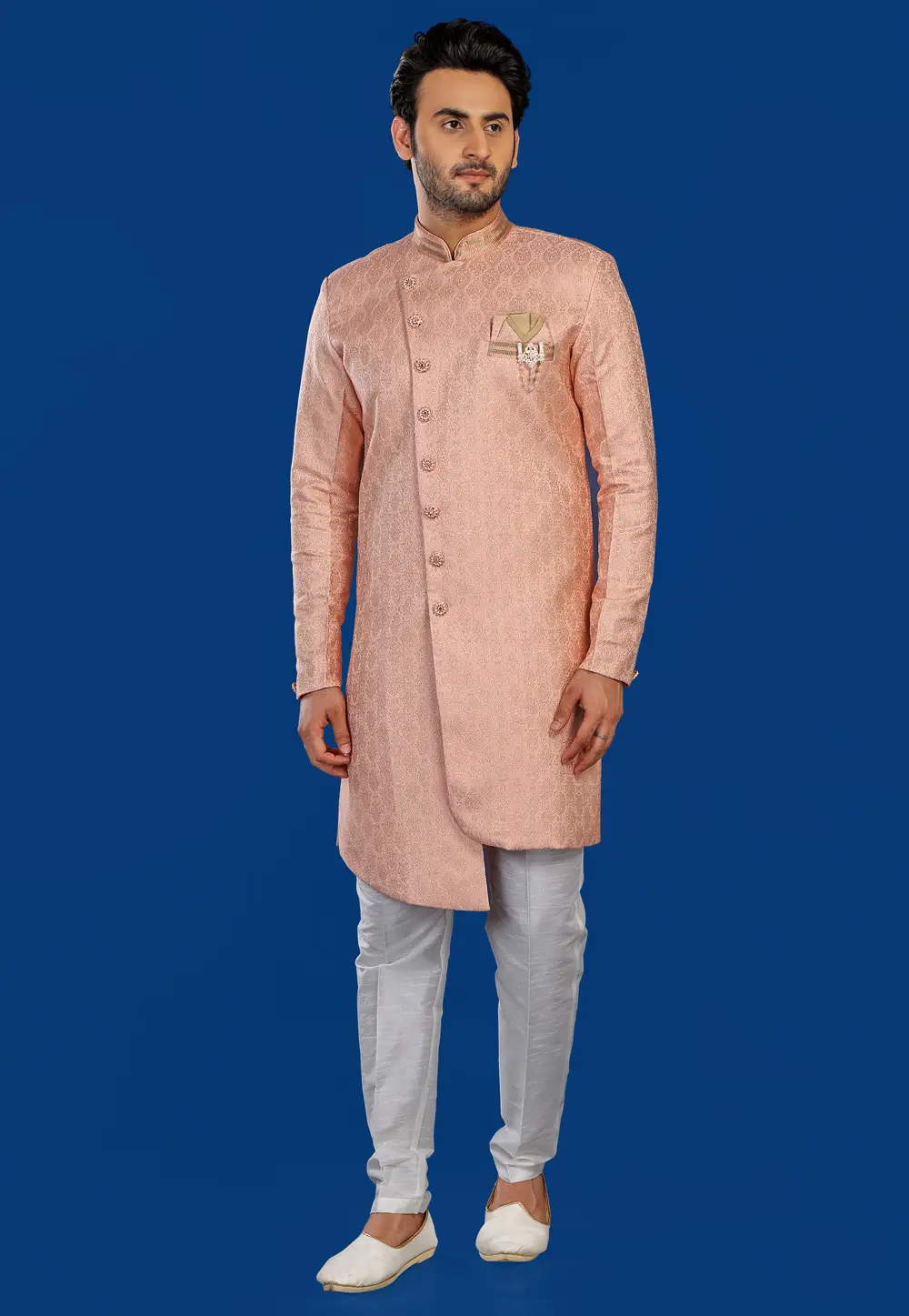 Peach Jacquard Silk Indo Western Suit 295284