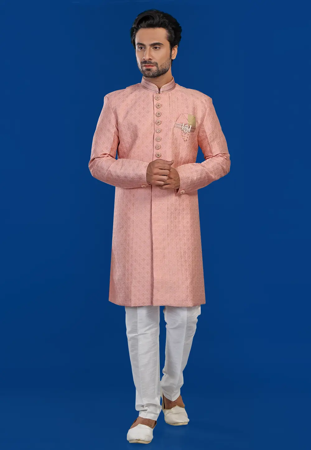 Peach Jacquard Silk Indo Western Suit 295290