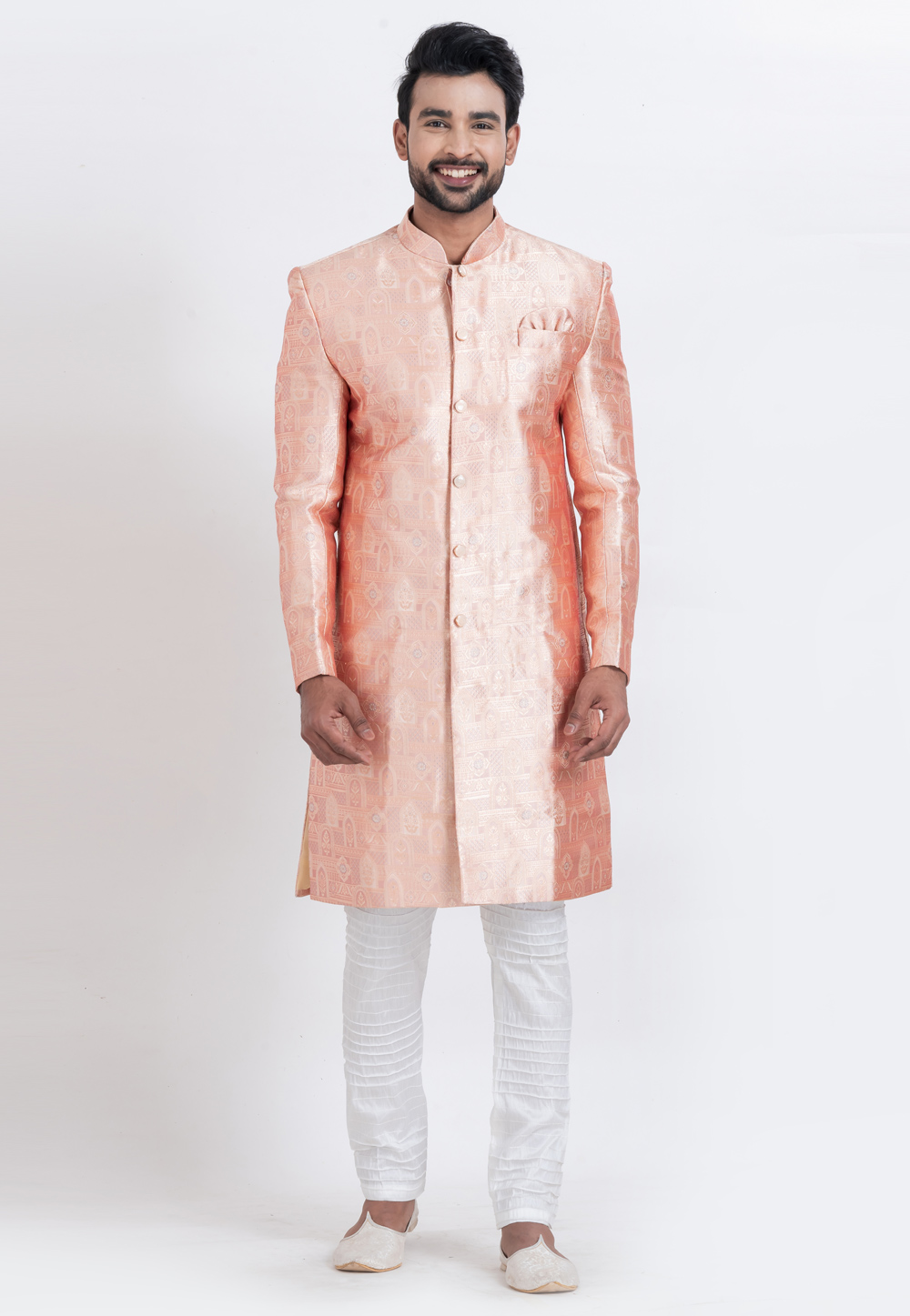 Peach Jacquard Silk Indo Western Suit 310267