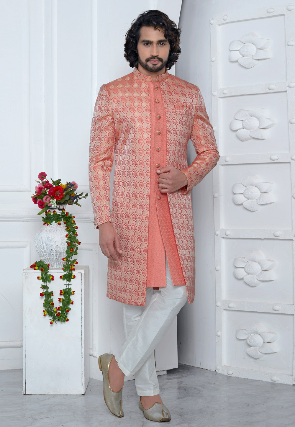 Peach Jacquard Silk Jacket Style Sherwani 280142