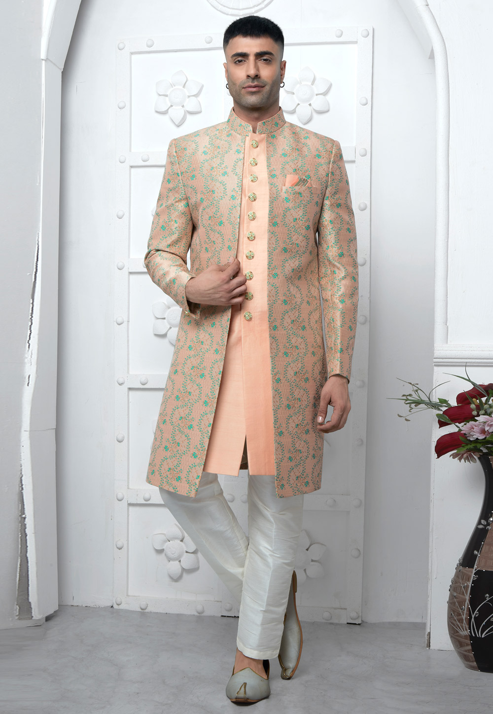 Peach Jacquard Silk Jacket Style Sherwani 280147