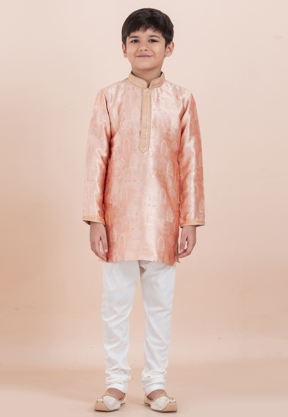 Peach Jacquard Silk Kids Kurta Pajama 305988