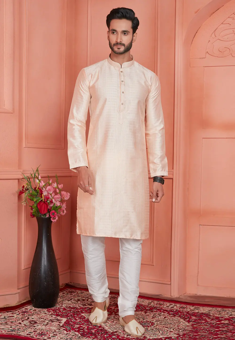 Peach Jacquard Silk Kurta Pajama 304282