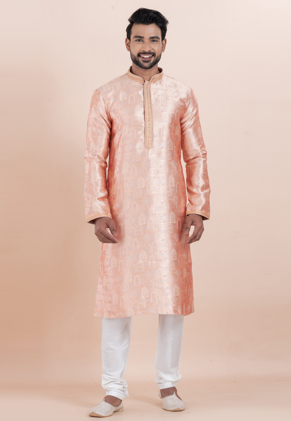 Peach Jacquard Silk Kurta Pajama 306003