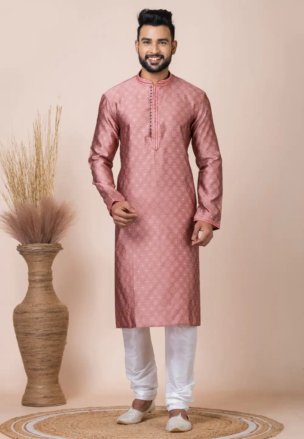 Peach Jacquard Silk Kurta Pajama 293946