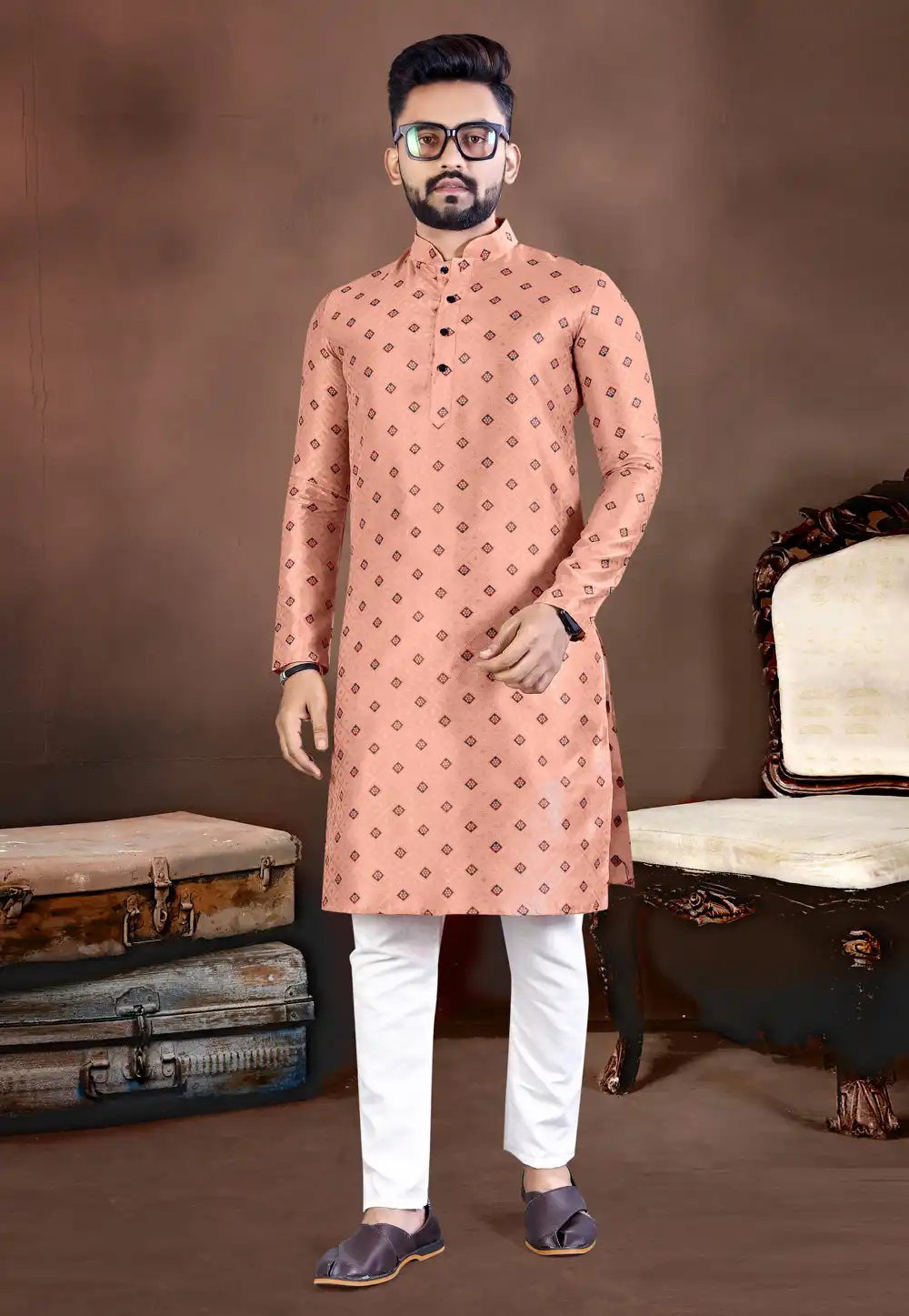 Peach Jacquard Silk Kurta Pajama 293294