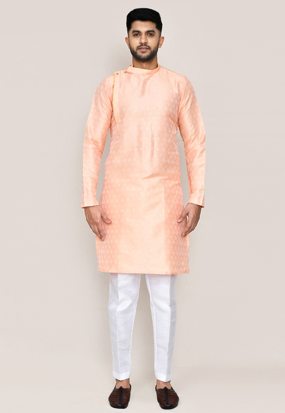 Peach Jacquard Silk Kurta Pajama 306081