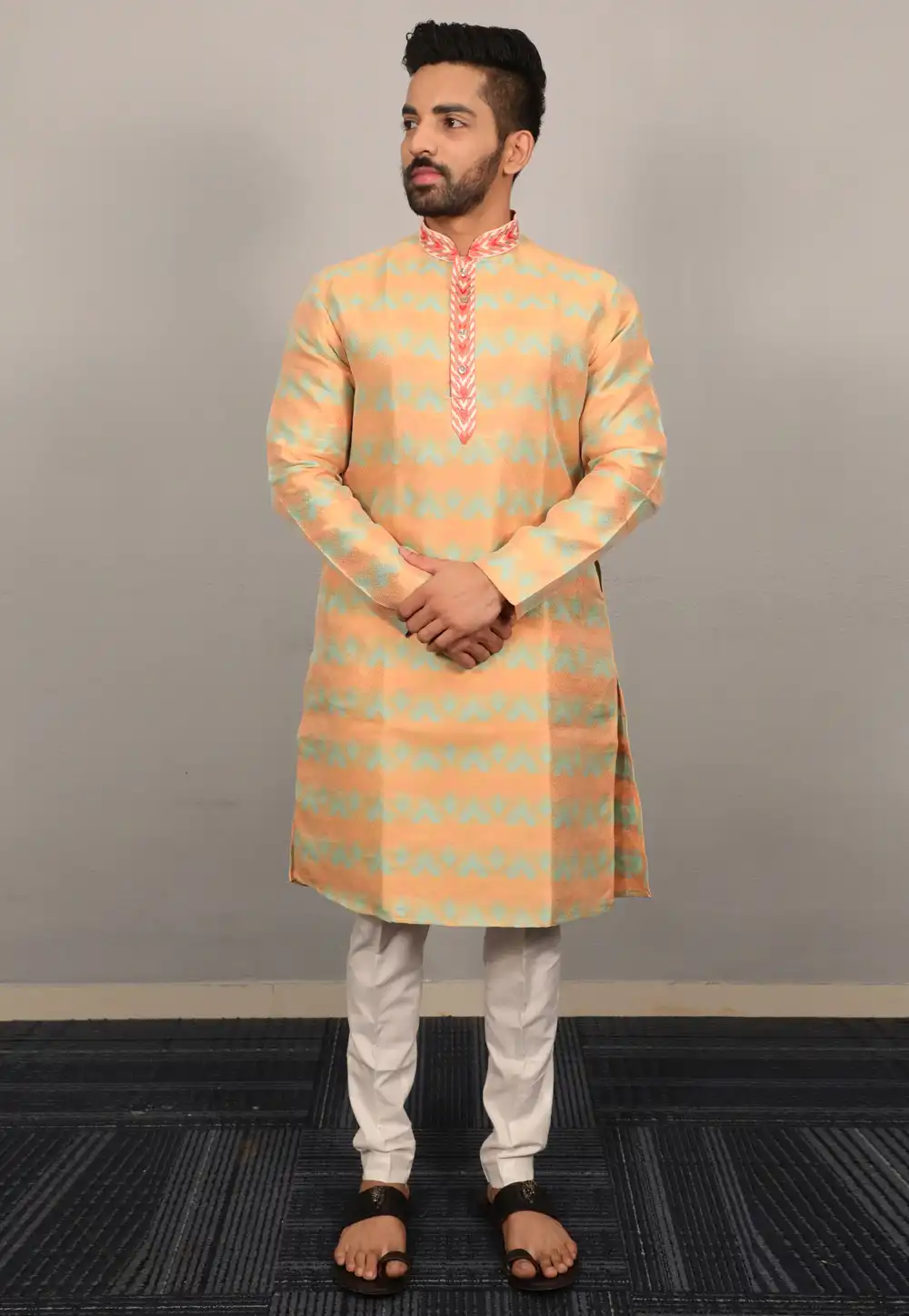 Peach Jacquard Silk Kurta Pajama 293810