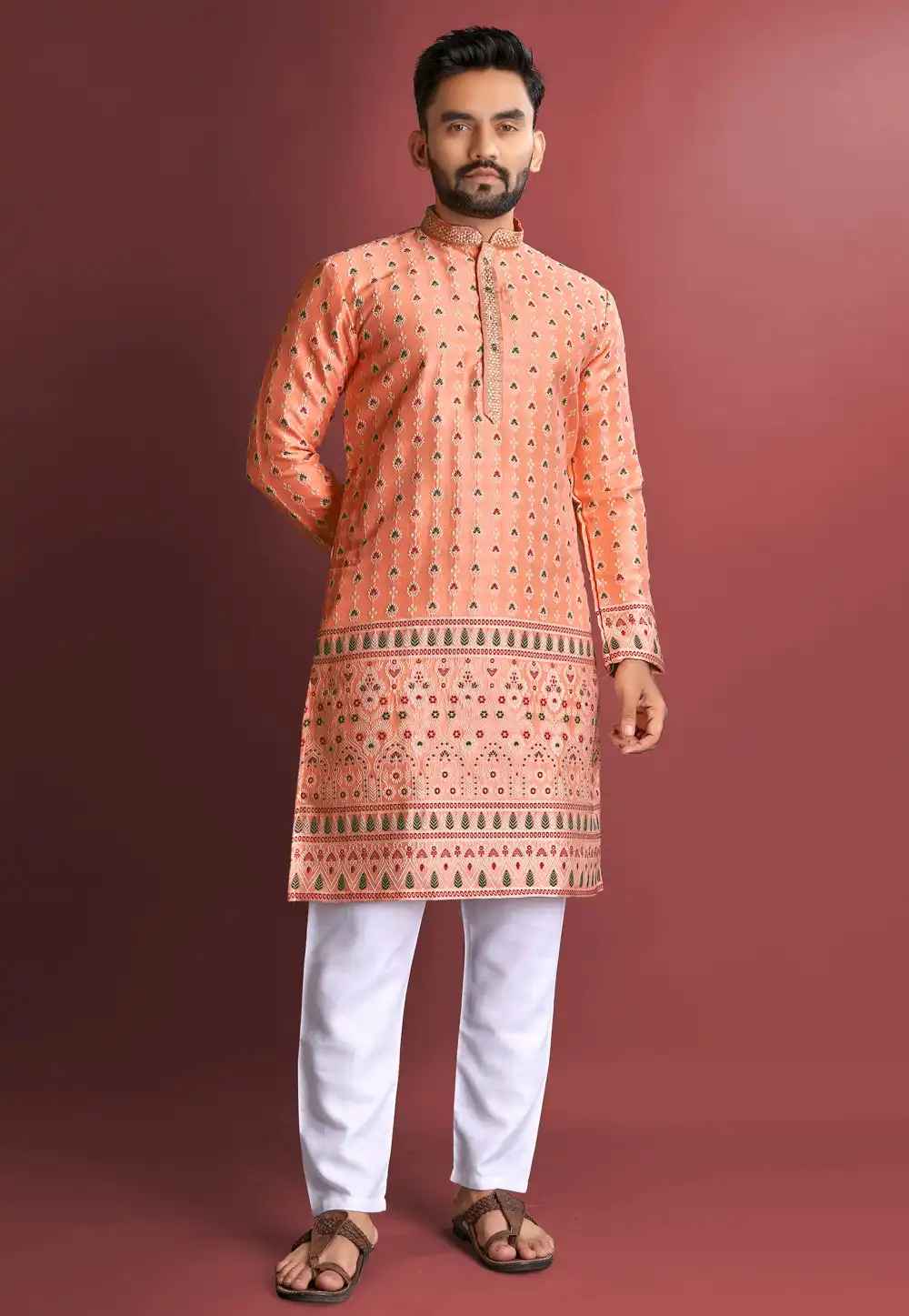 Peach Jacquard Silk Kurta Pajama 293771